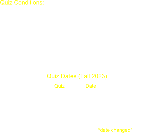 Quiz Conditions:
Exam like conditions; open text book (no notes); question(s) very much like problems in weekly problem set; material on quiz covers lecture material up to, and including, the last lecture before quiz. 

Best 5 out of 6  
All students given the option to miss one quiz regardless of reason.  No further reduction is to be granted, regardless of reason. 

                            Quiz Dates (Fall 2023)
                                       Quiz               Date   
                                          1             Sept. 21
                                          2             Oct. 5
                                          3             Oct. 19
                                          4             Nov. 2
                                          5             Nov. 16
                                          6             Nov. 23 *date changed* 